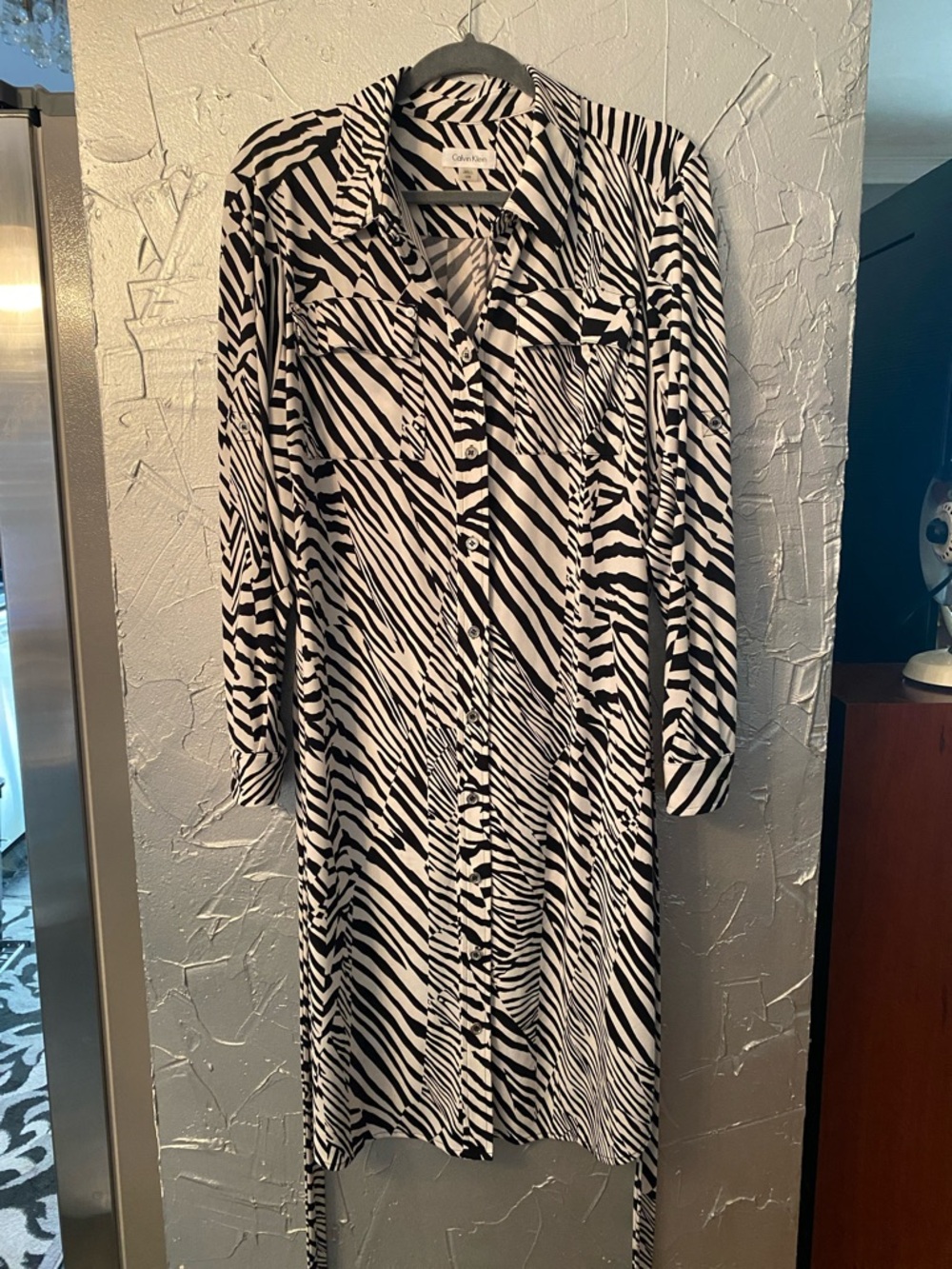 Calvin Klein Black and White Zebra-Variating Print Long Sleeve Shirt Dress